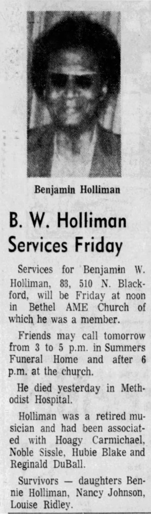 An obituary of B.W. Holliman, Miss Nancy's father.