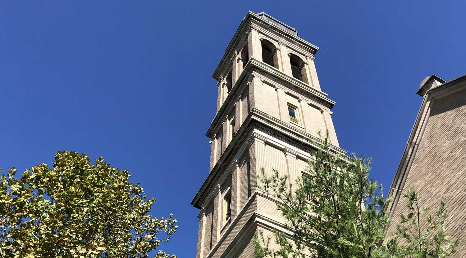 The bell tower of Indianapolis' Holy Cross Church