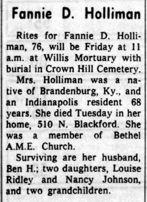An obituary of Fannie D. Holliman, Miss Nancy's mother.
