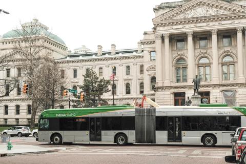 The IndyGo Red Line bus in front of the Indiana Statehouse