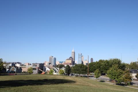 A view of the Indianapolis skyline as seen from Highland Park in Holy Cross Neighborhood.