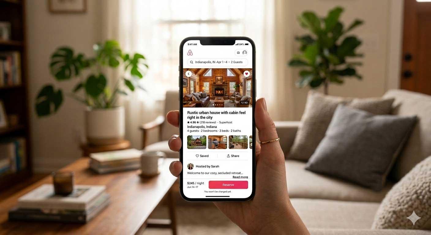 A smart phone screenshot of a short-term rental app with a blurred interior home in the background.